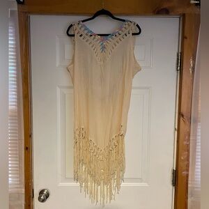 Boho Cream Fringe Sleeveless Cover up Dress, Sz Large